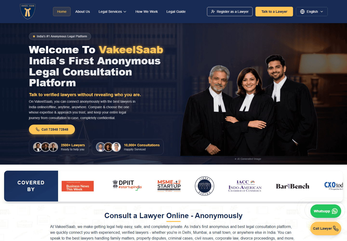 Screenshot of the VakeelSaab website